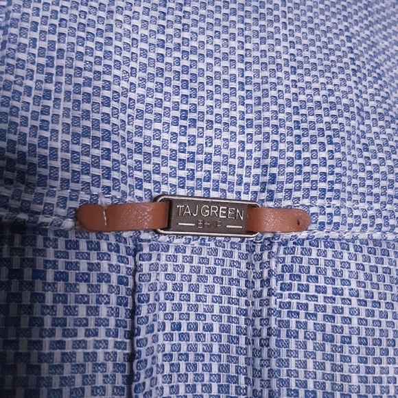 Taj Green Mens Zenith Blue/White Woven Textured Fabric Button Front Shirt Size 2 - Picture 7 of 9